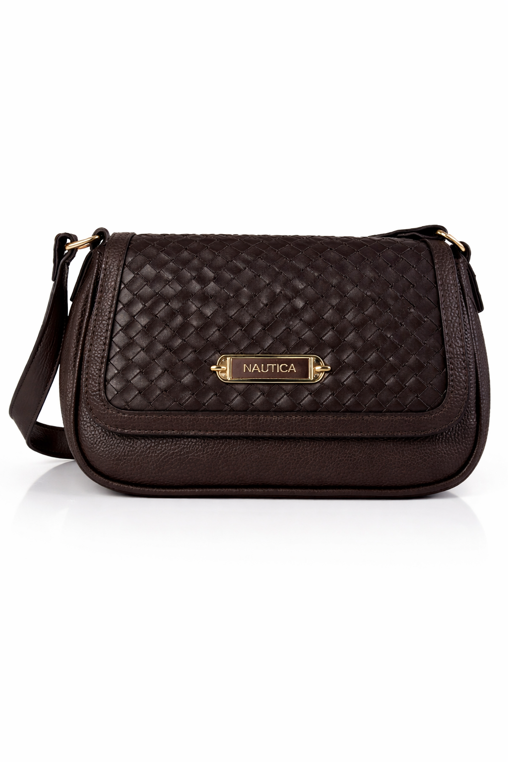 Nautica Brown Woven Crossbody Bag Flap Purse Gold Detail Stylish Handbag