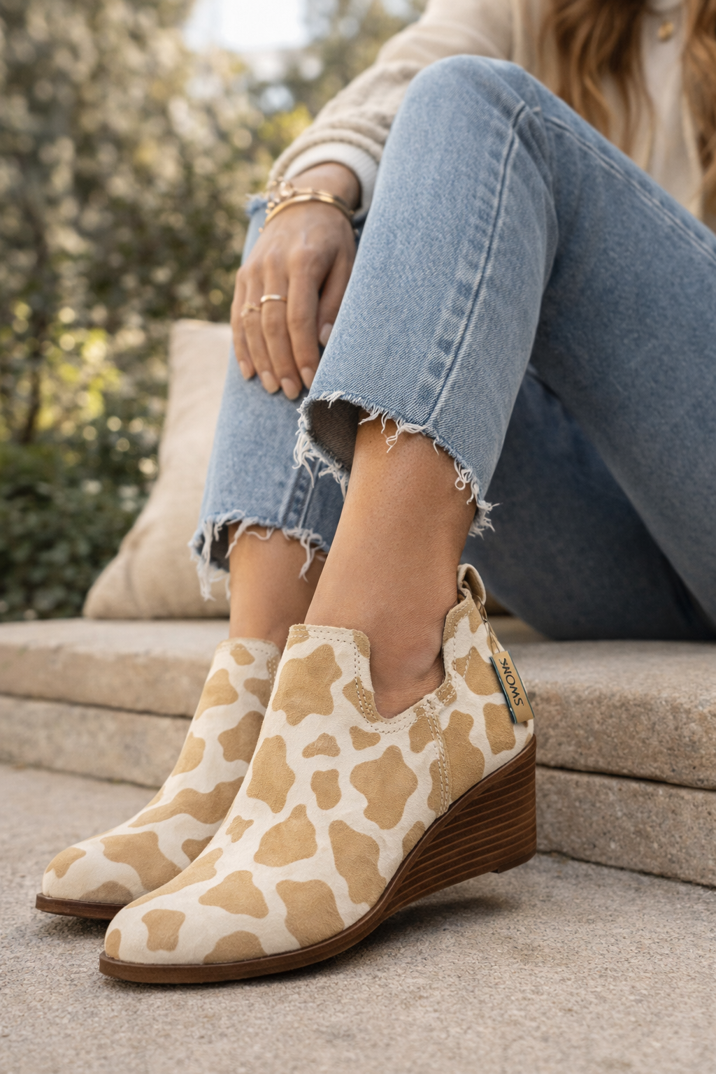 TOMS Kallie Women’s Wedge Booties Size 9 | Doe Cow Print Suede | Stylish Ankle Boots