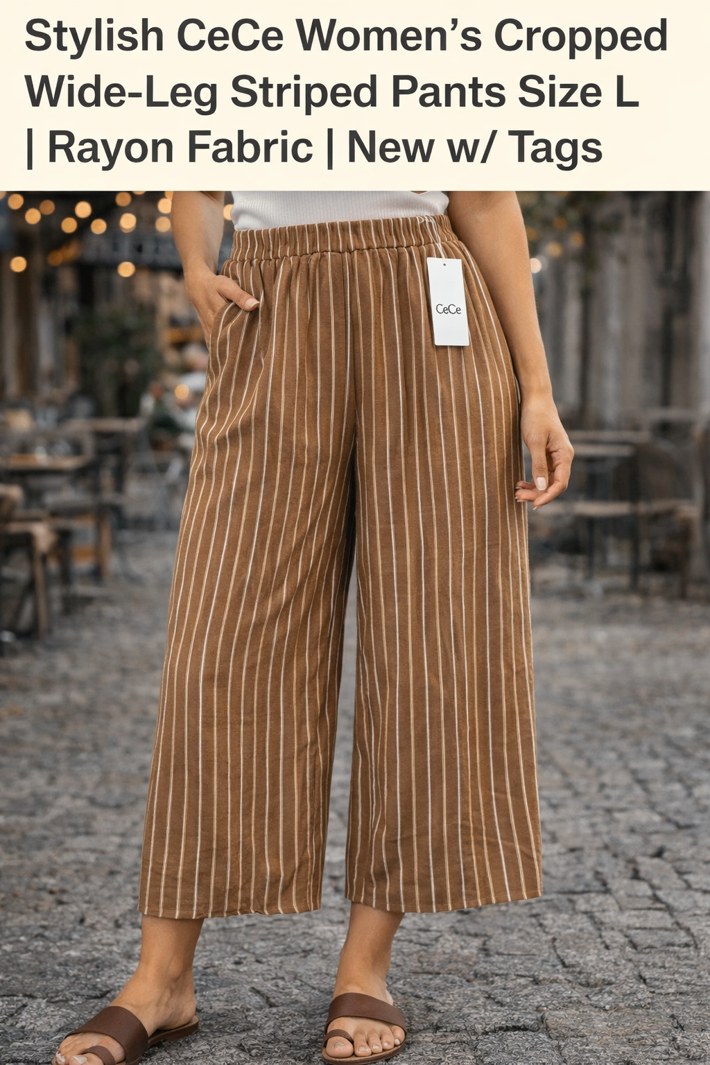 Stylish ceCe Women's Cropped Wide-Leg Striped Pants S ize L | Rayon Fabric | New w/Tags