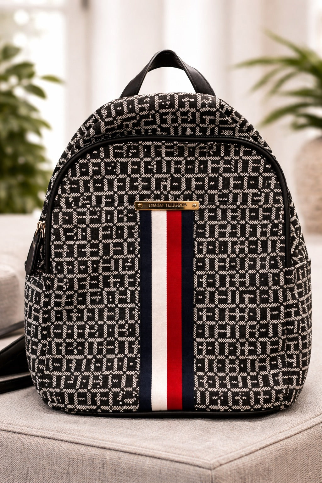 Tommy Hilfiger Backpack Black Monogram w/ Signature Stripe | Stylish Travel Bag | Like New